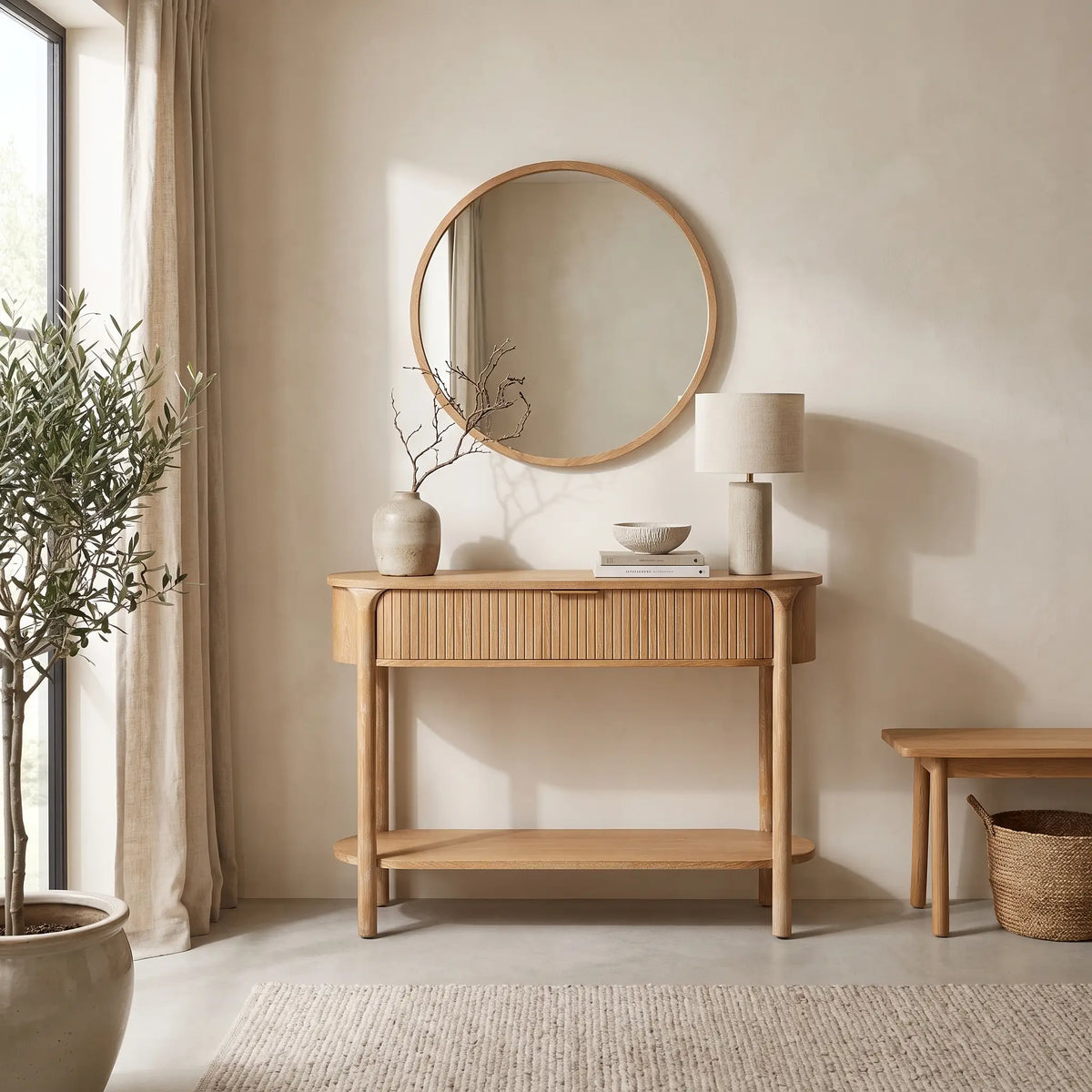 Console Japandi 1 tiroir et 1 étagère en bois de sapin naturel 110 x 80 cm - Ernesto