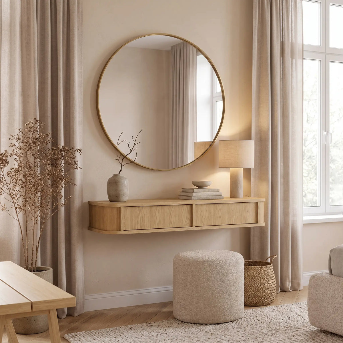 Console Japandi murale 1 tiroir push to open effet bois naturel 108 x 17 cm - Halina