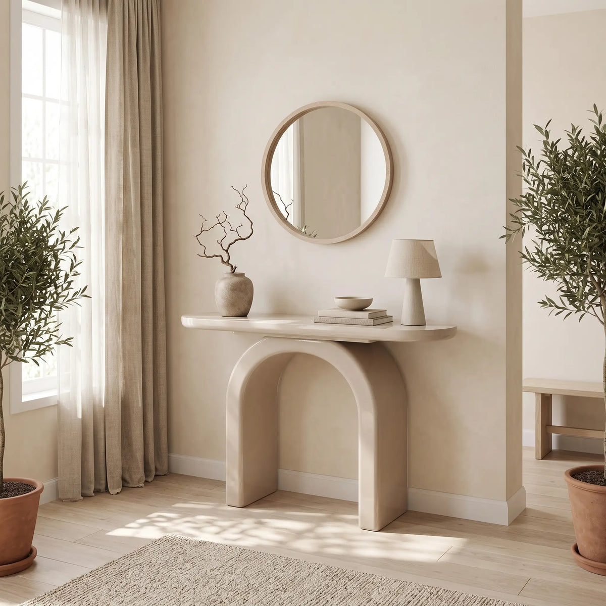 Console Japandi ovale à piètement arche en MDF laqué beige 120 x 80 cm - Tuzaka