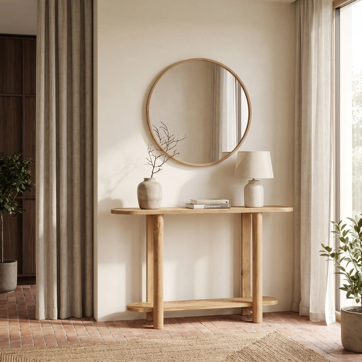 Console Japandi ovale 2 niveaux en bois d'acacia naturel 120 x 75 cm - Sana