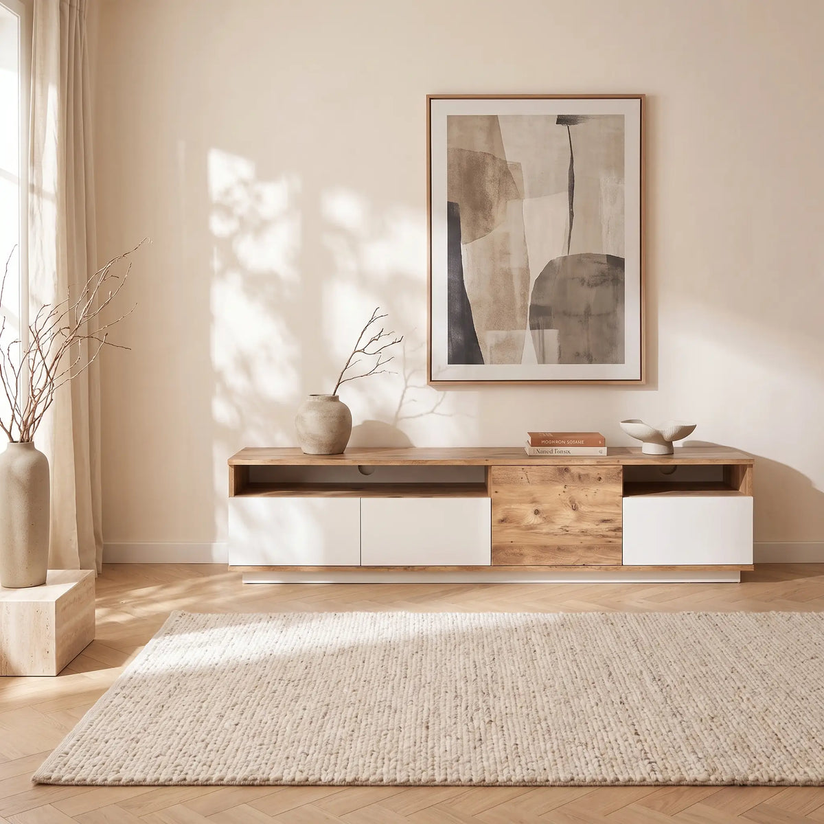 Meuble TV Japandi 4 portes et 2 étagères naturel clair et blanc 180 x 44,6 cm - Cedona