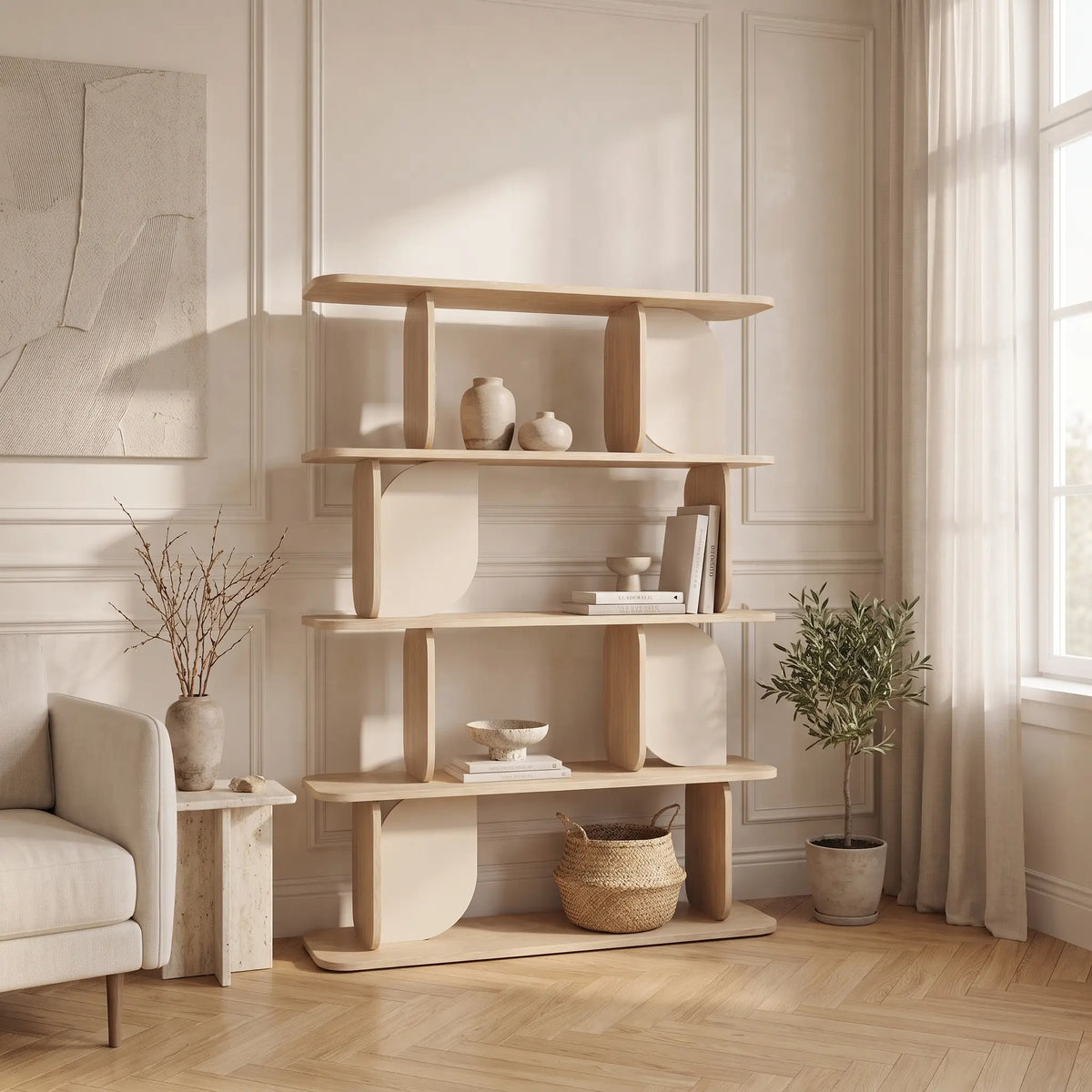 Étagère Japandi 4 tablettes naturel clair et beige 120 x 160,5 cm - Neleria