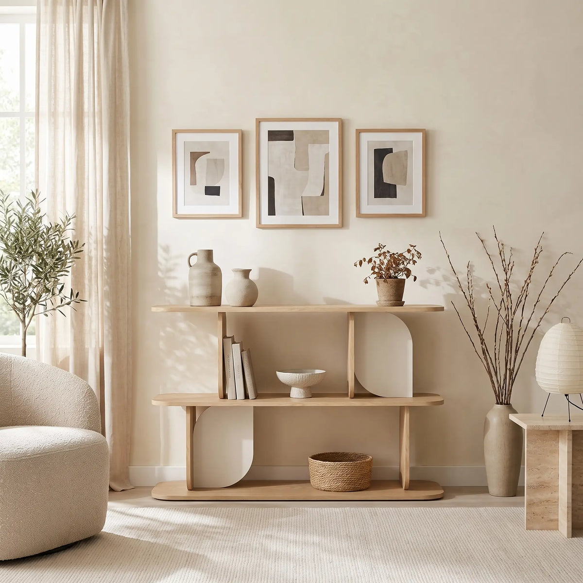 Étagère Japandi 2 tablettes naturel clair et beige 120 x 81,3 cm - Neleria