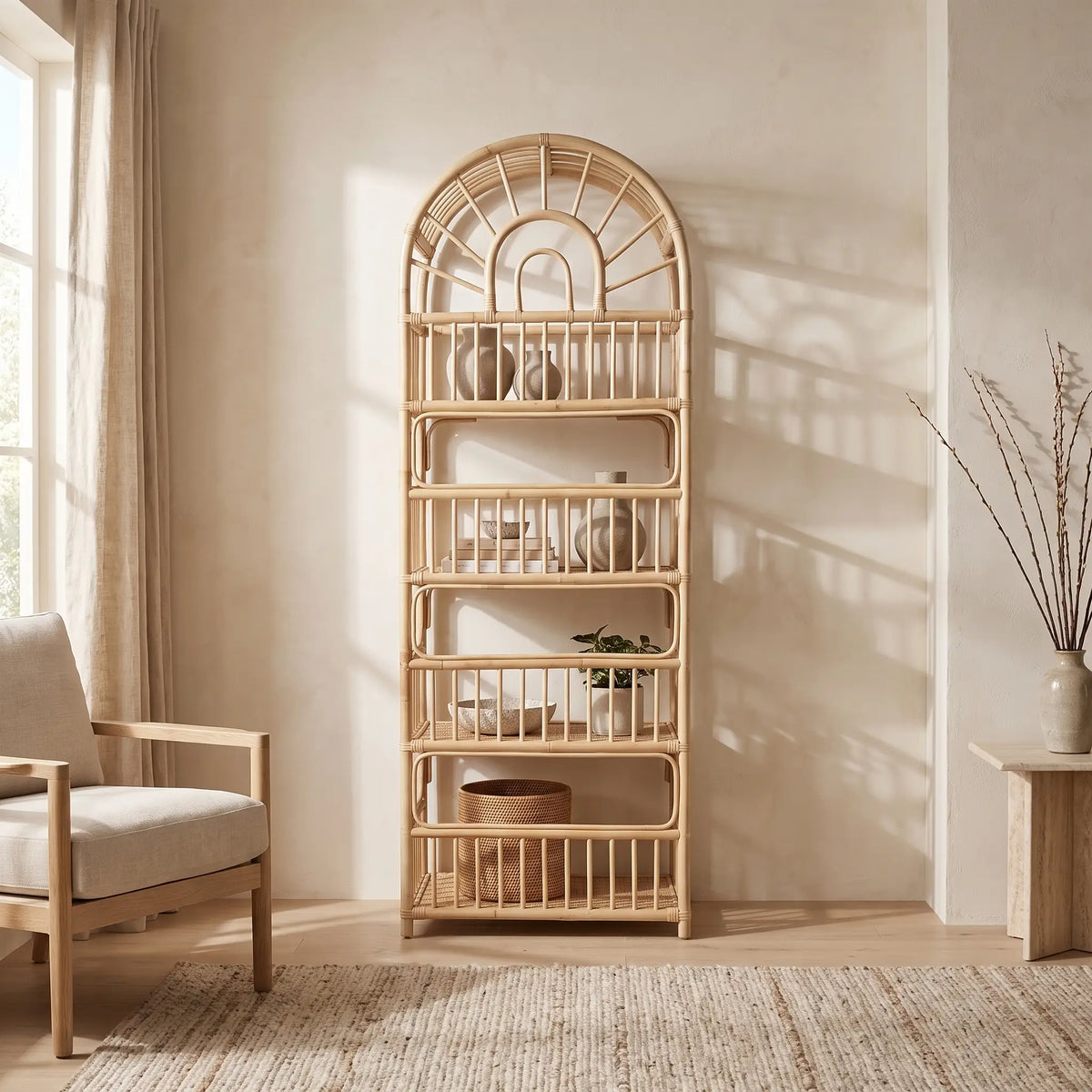 Étagère Japandi 4 tablettes en rotin tressé naturel clair 65 x 180 cm - Irisou