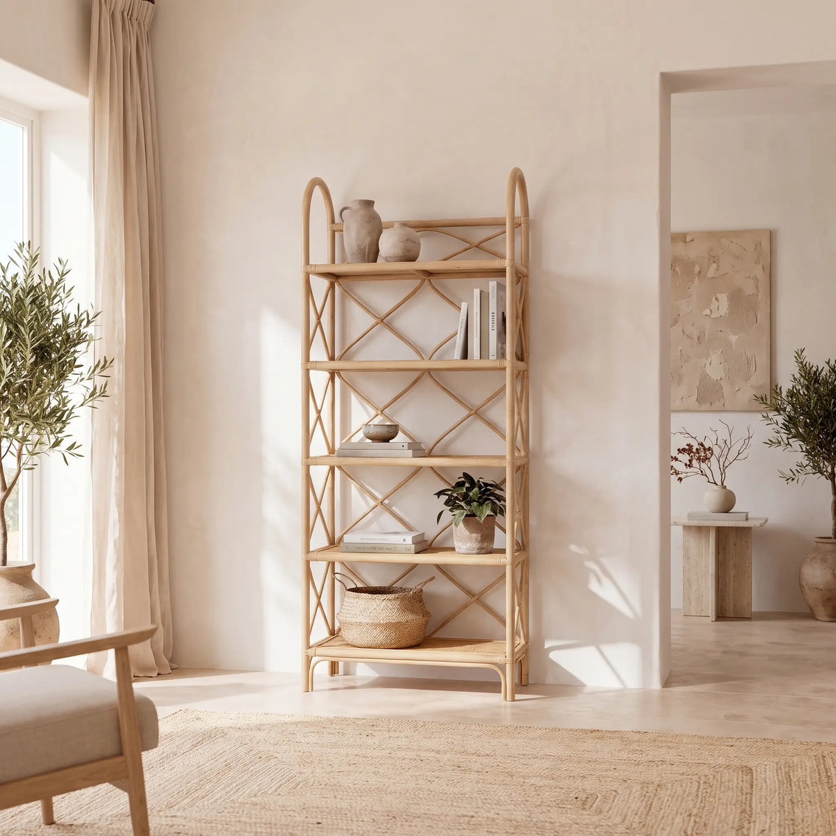 Étagère Japandi 5 tablettes en rotin et bambou naturel 74 x 180 cm - Zaryno