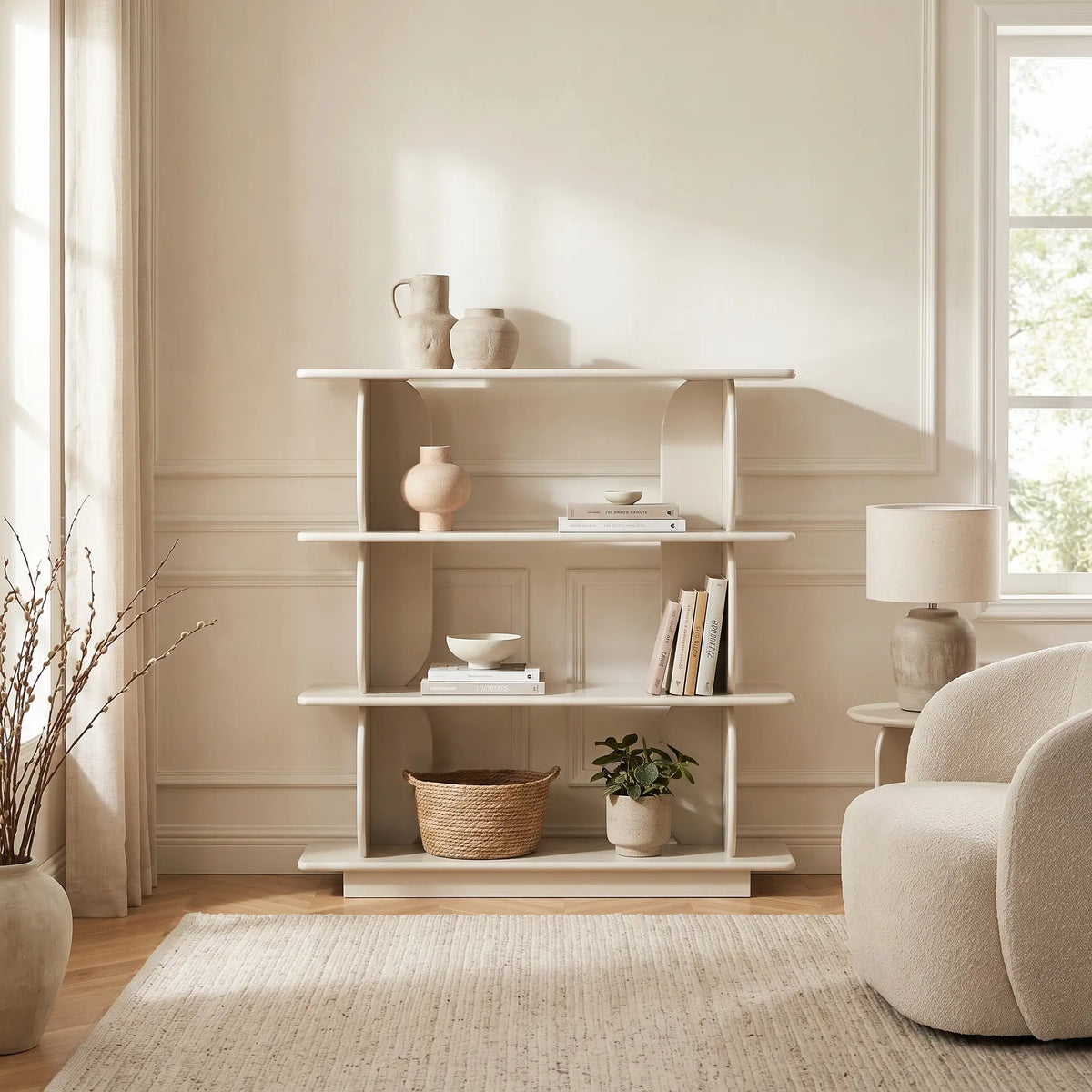Étagère Japandi 3 tablettes en MDF laqué beige 110 x 115,5 cm - Lusoria