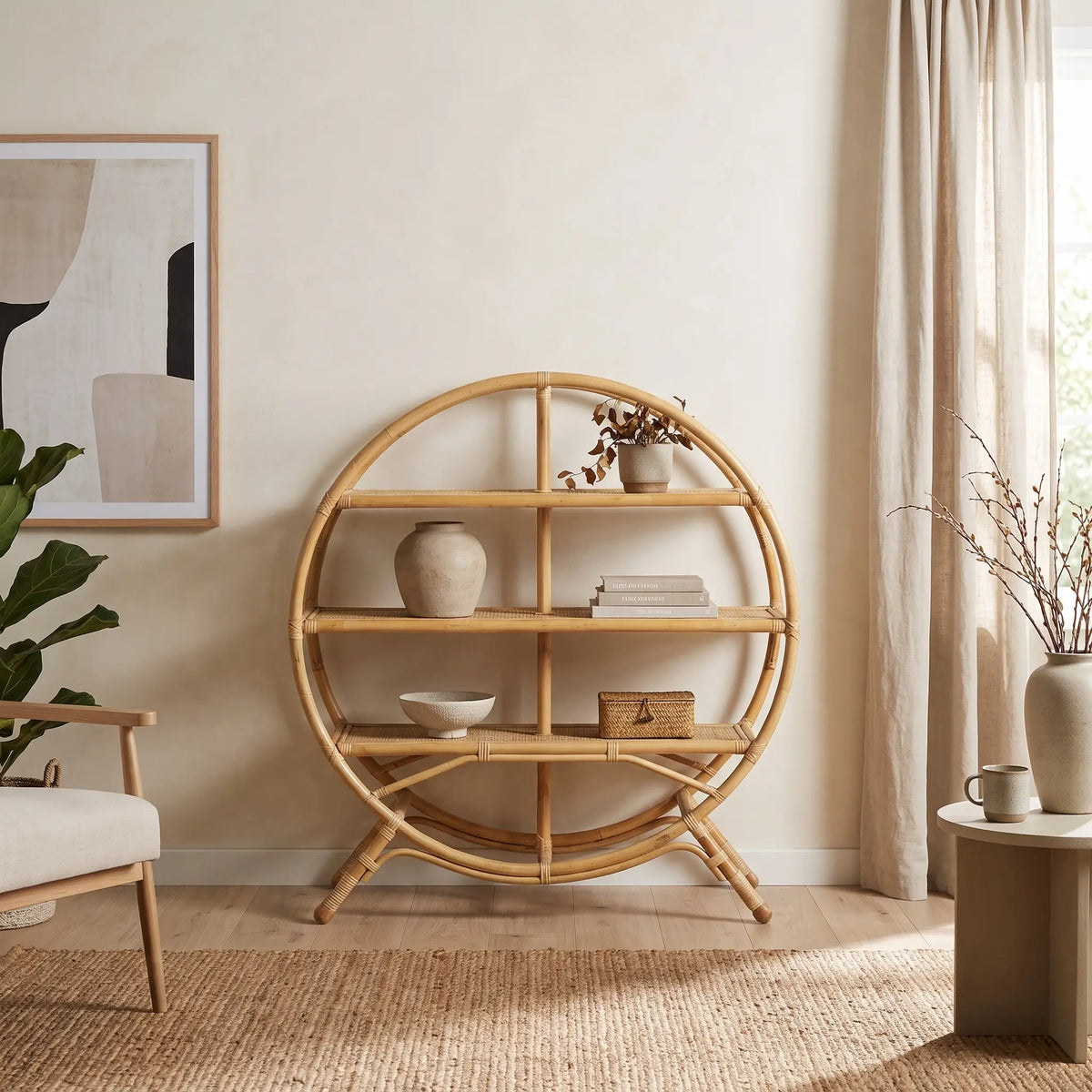 Bibliothèque Japandi ronde 3 tablettes en rotin naturel 100 x 109 cm - Tuvalu