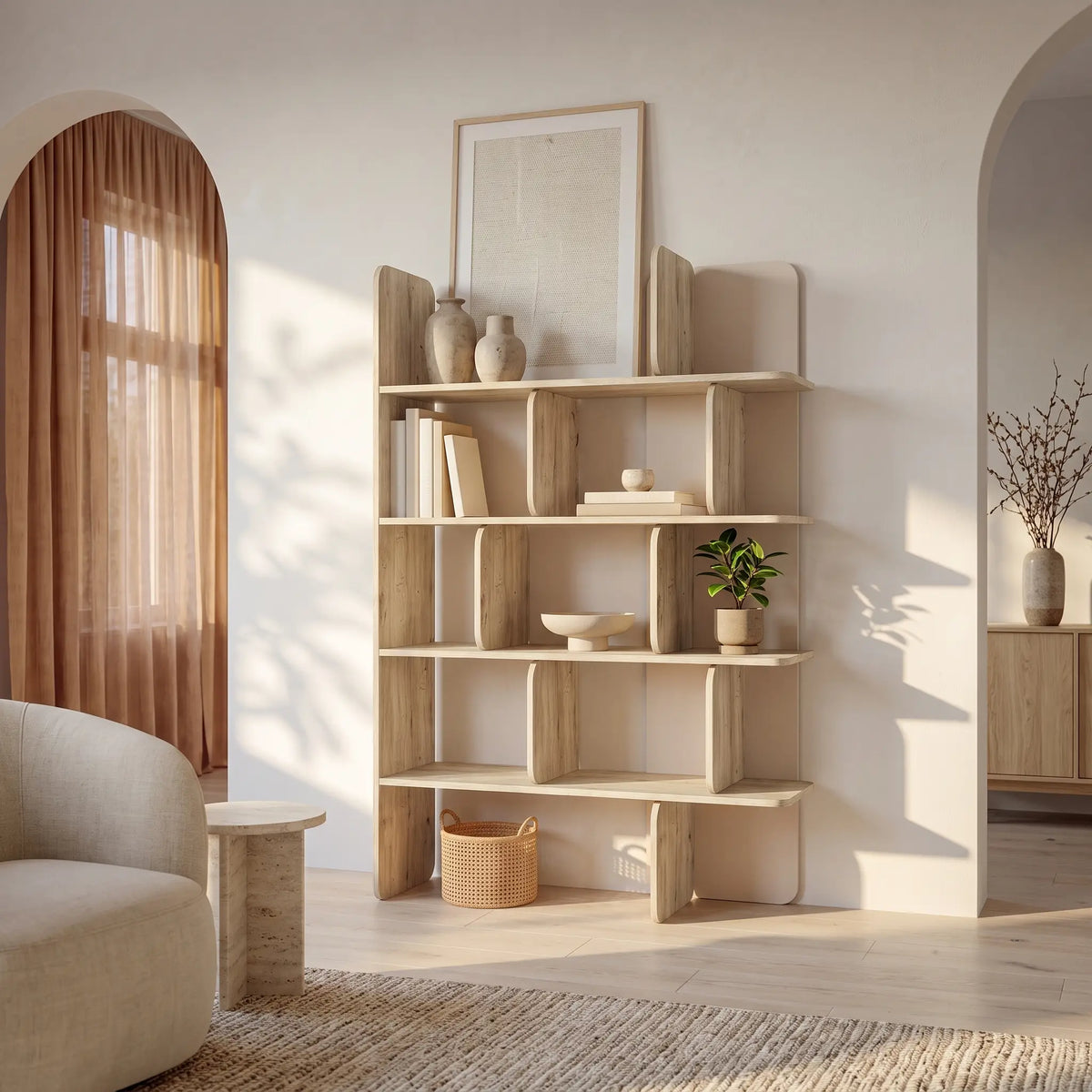 Étagère murale Japandi 4 tablettes naturel clair et beige 121,8 x 180 cm - Minalva