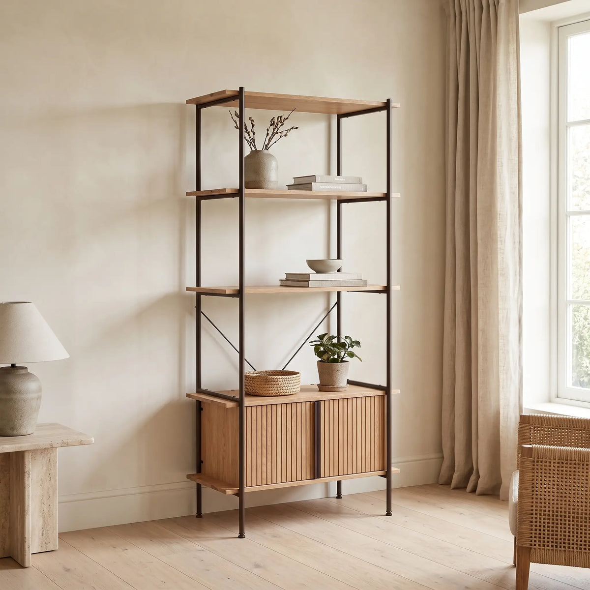 Étagère Japandi 5 niveaux avec armoire bois d'ingénierie et acier marron 80 x 163 cm - Bonnevie