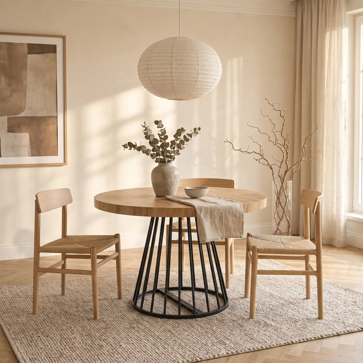 Table à manger ronde Japandi extensible 2 à 12 personnes MDF naturel, acier noir Ø 110 cm - Firela