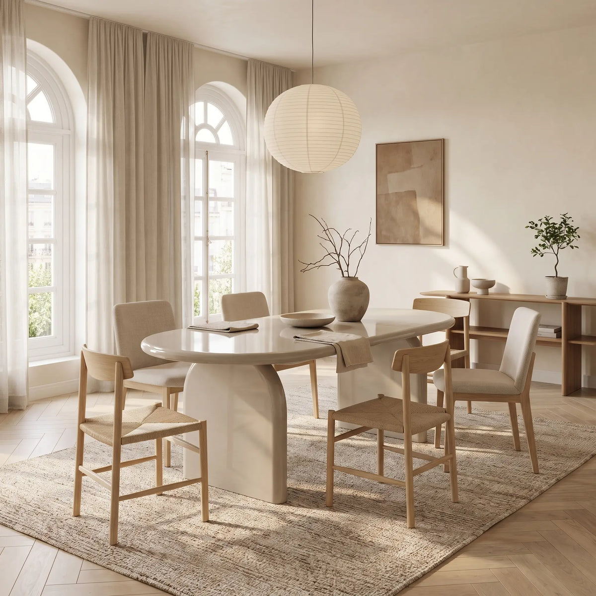 Table à manger ovale Japandi 8 personnes en MDF laqué beige brillant 200 x 100 cm - Felyria