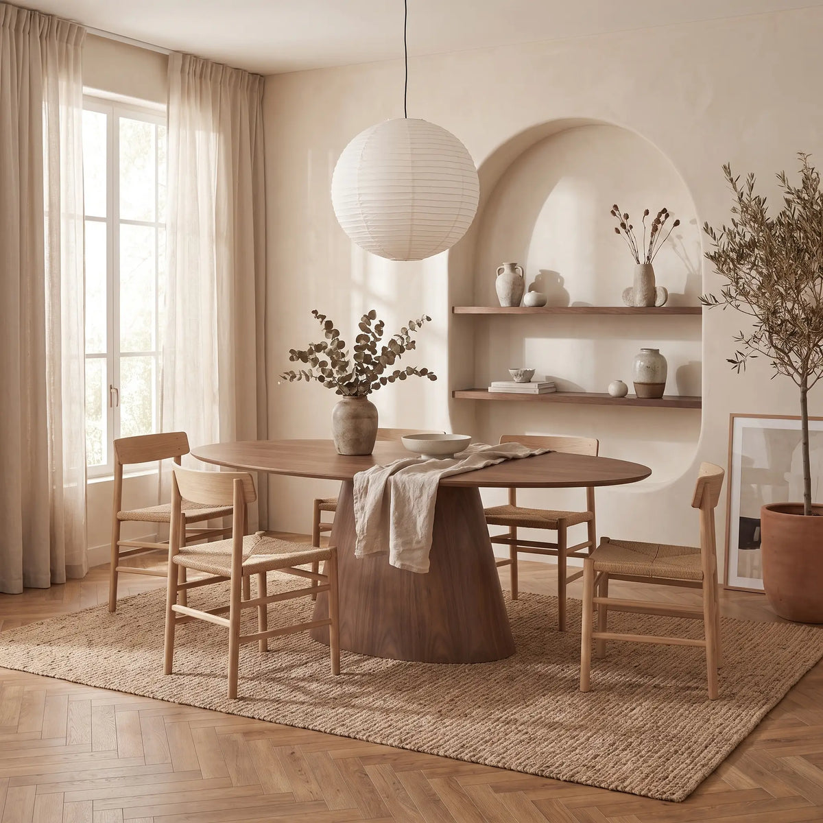 Table à manger ovale Japandi 6 personnes placage noyer naturel foncé 160 x 90 cm - Antelada