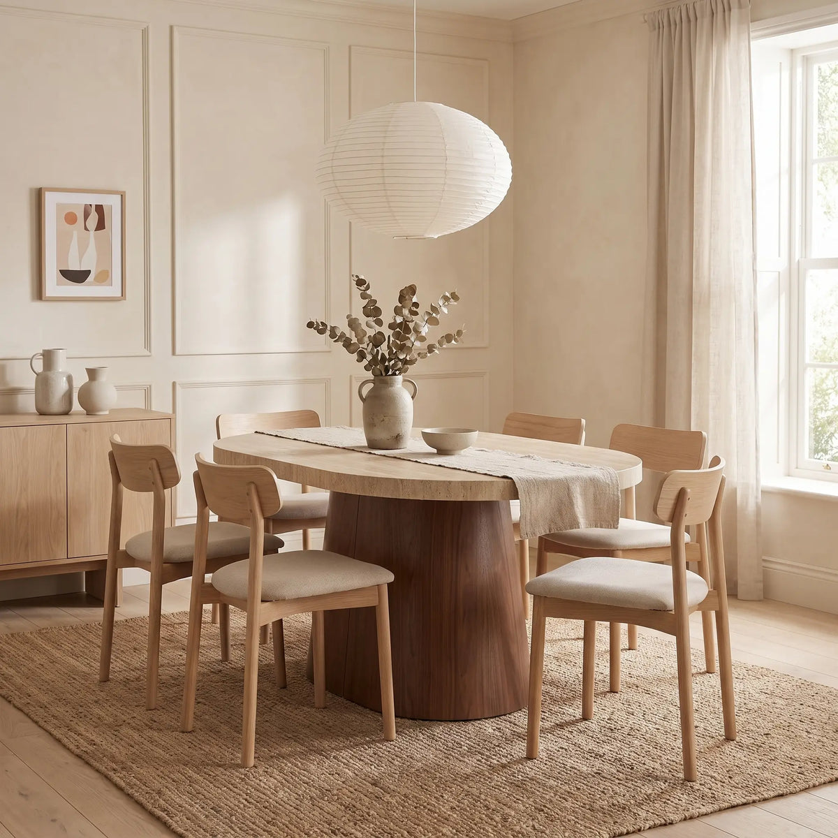 Table à manger ovale Japandi extensible 6 à 12 personnes effet travertin 150 x 100 cm - Cloeva