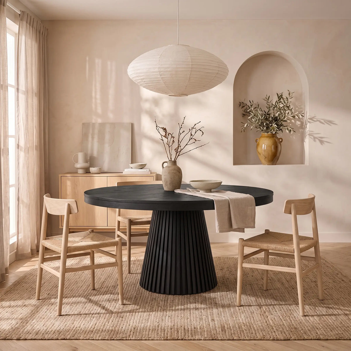 Table à manger ronde Japandi extensible 4 à 6 personnes placage chêne noir Ø 120 cm - Carmiza