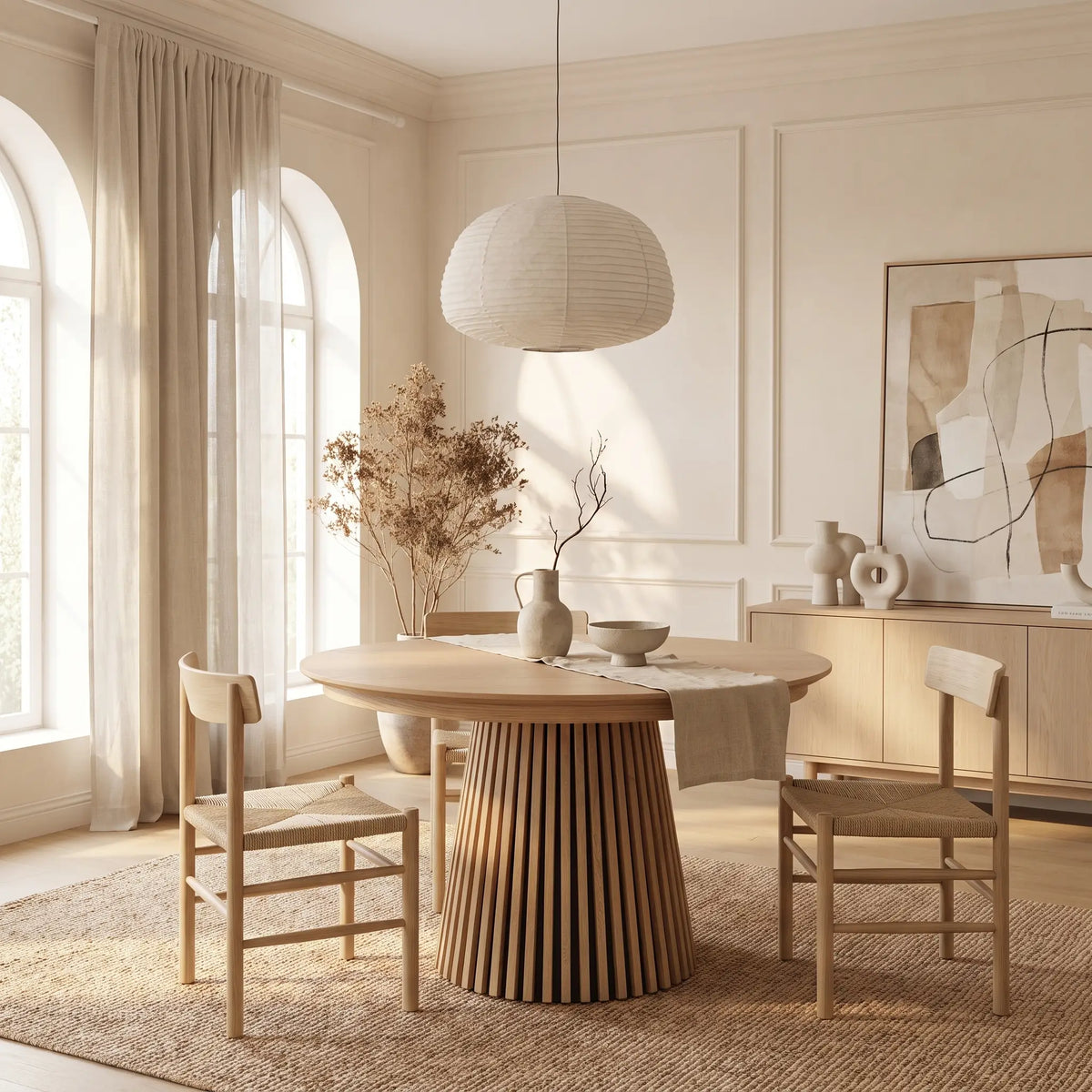Table à manger ronde Japandi extensible 4 à 8 personnes placage chêne clair Ø 120 cm - Carmiza