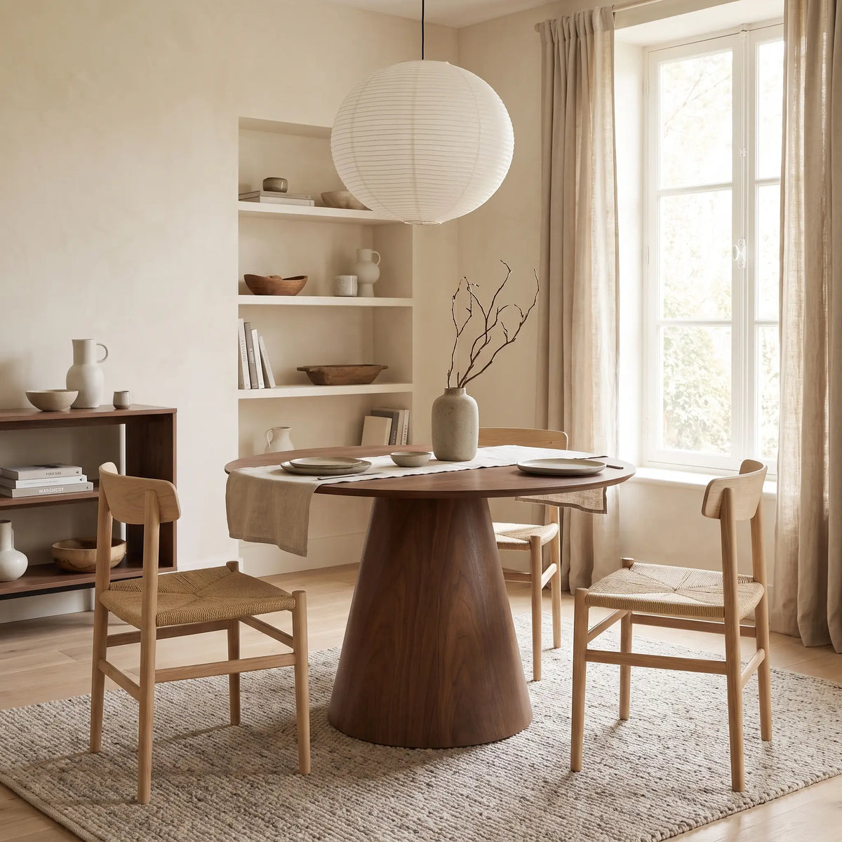 Table à manger ronde Japandi 4 personnes placage noyer naturel foncé Ø 120 cm - Antaliza