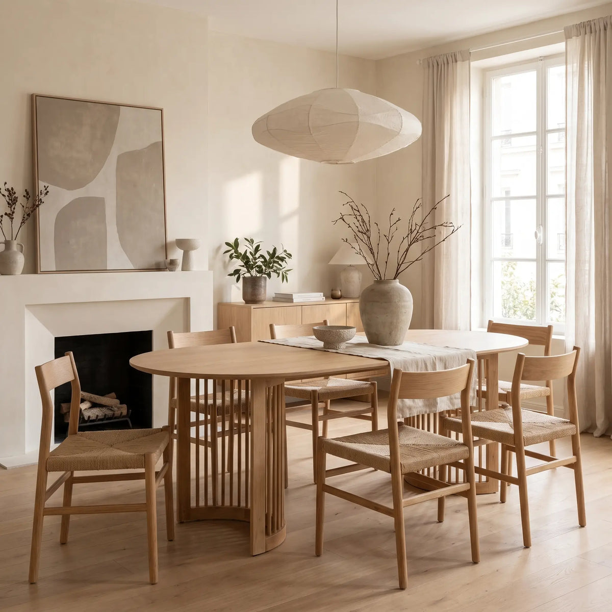 Table à manger ovale Japandi 8 personnes placage chêne et hévéa naturel 220 x 100 cm - Neliram