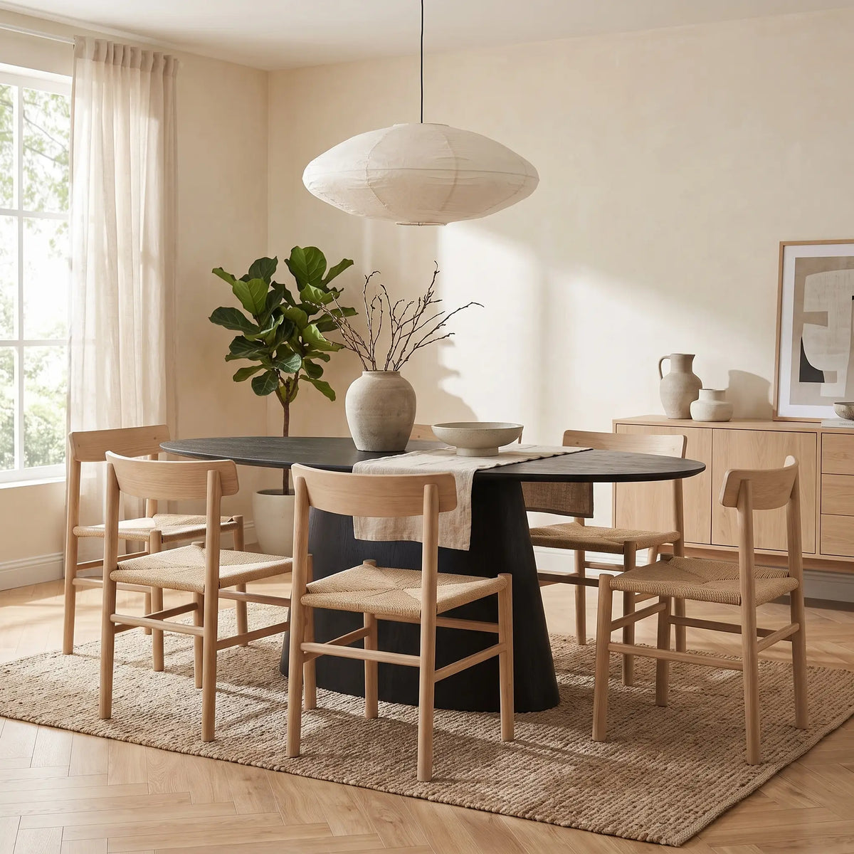 Table à manger ovale Japandi 6 personnes placage de frêne noir 160 x 90 cm - Antelada