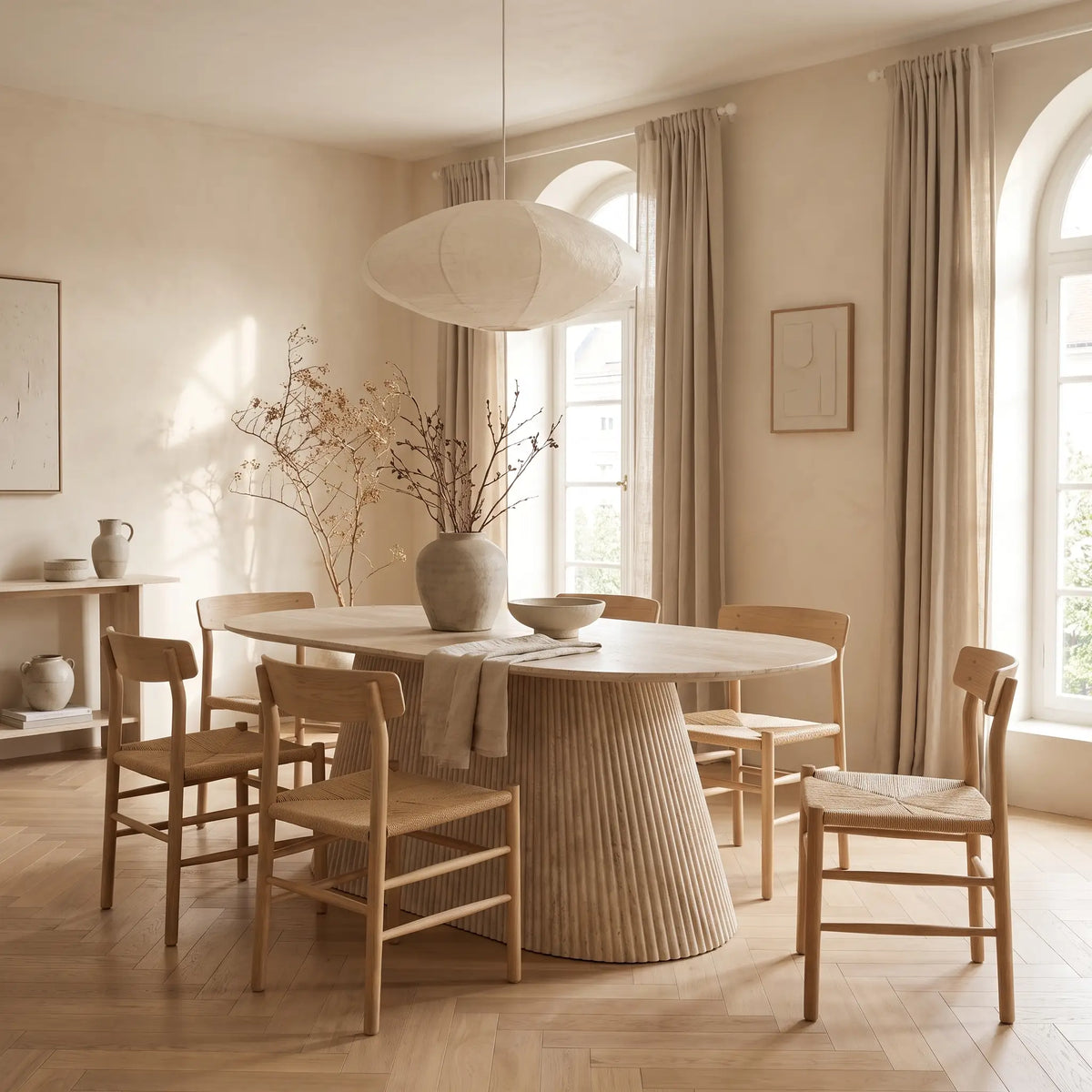 Table à manger ovale Japandi 8 personnes marbre artificiel travertin beige 200 x 100 cm - Tifuli