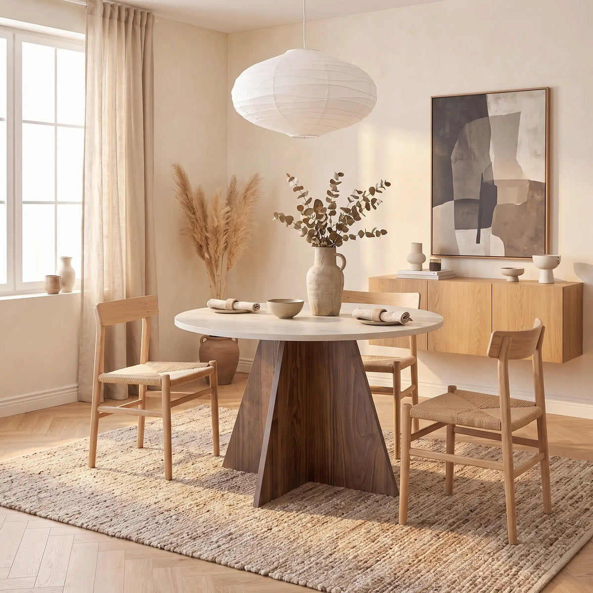 Table à manger ronde Japandi 4 personnes effet travertin beige et naturel foncé Ø 120 cm - Alveko