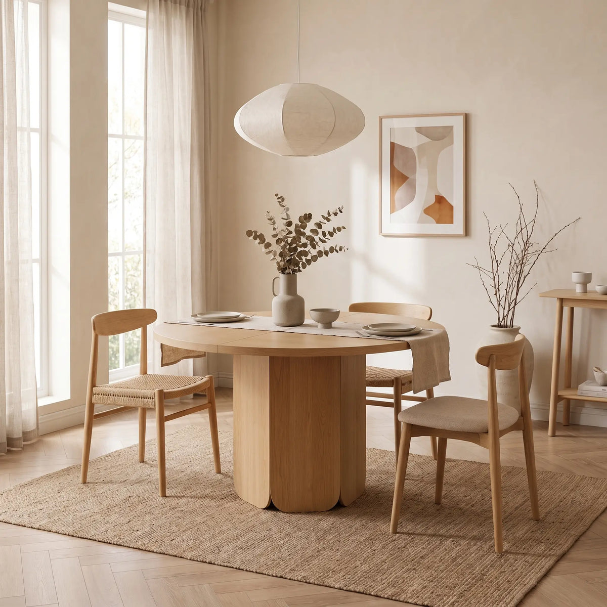 Table à manger ronde Japandi 4 à 6 personnes en MDF chêne naturel clair Ø 120 cm