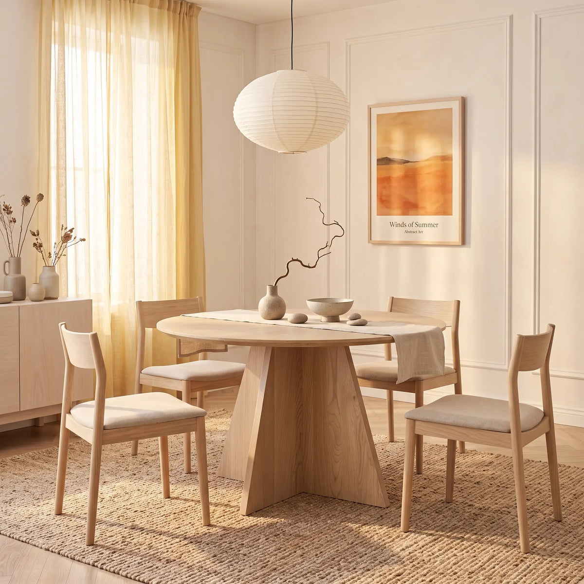 Table à manger ronde Japandi 5 personnes en bois massif beige patiné Ø 130 cm