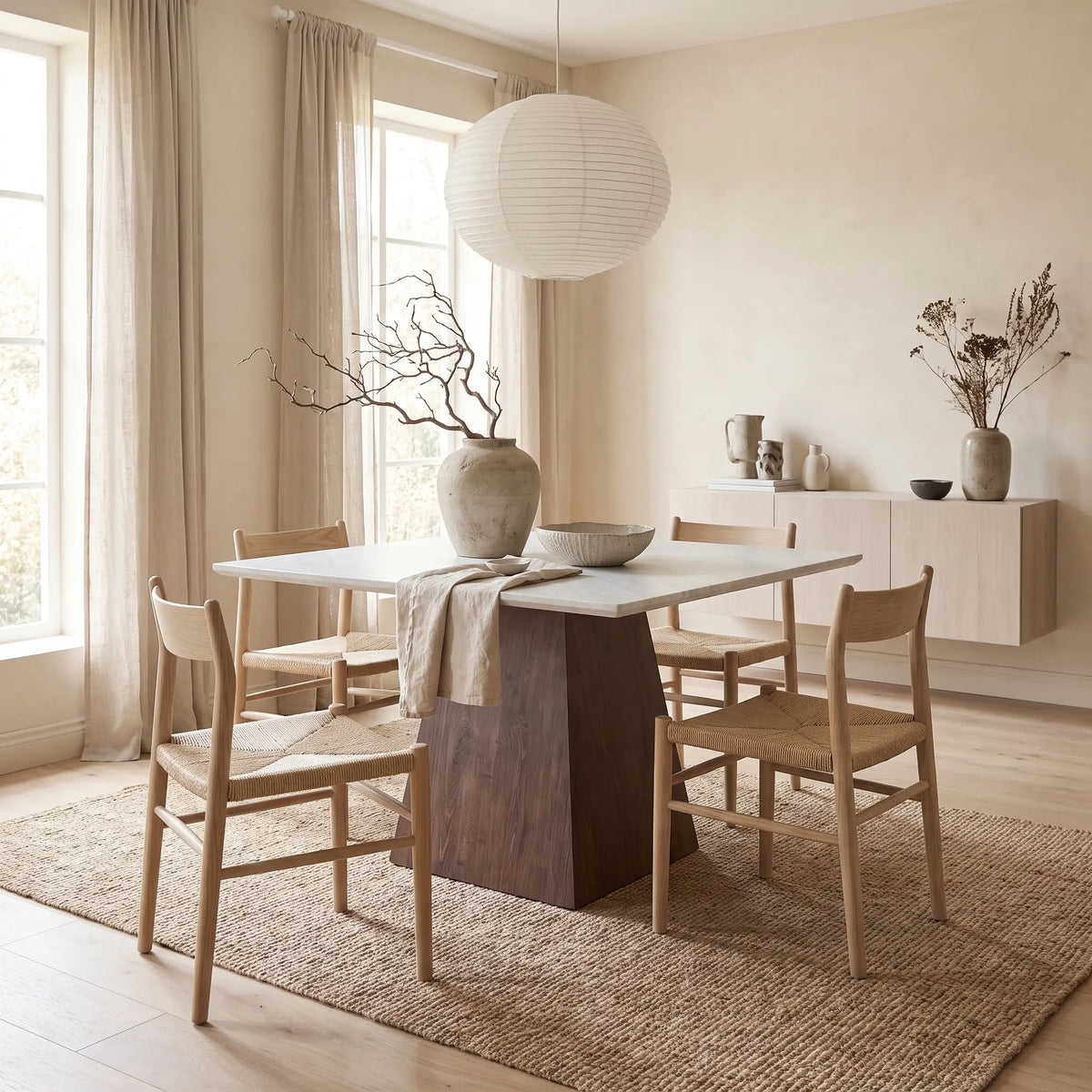 Table à manger carrée Japandi 4 personnes en MDF effet pierre gris et moka 120 x 120 cm - Cael