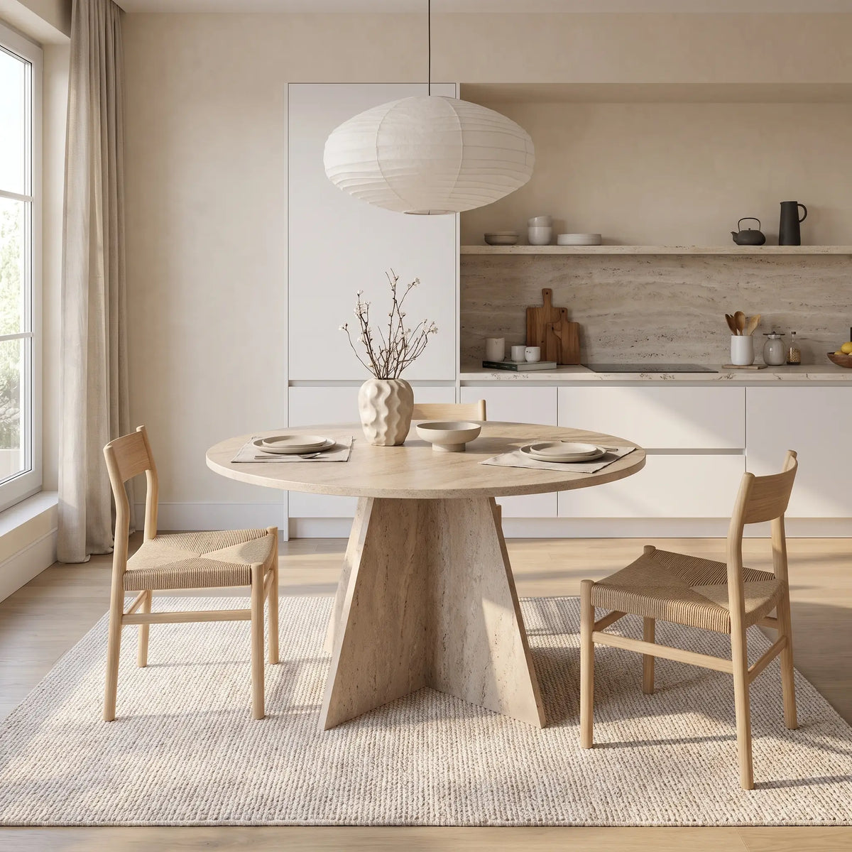 Table à manger ronde Japandi 4 personnes en bois mélaminé effet travertin beige Ø 120 cm - Virella