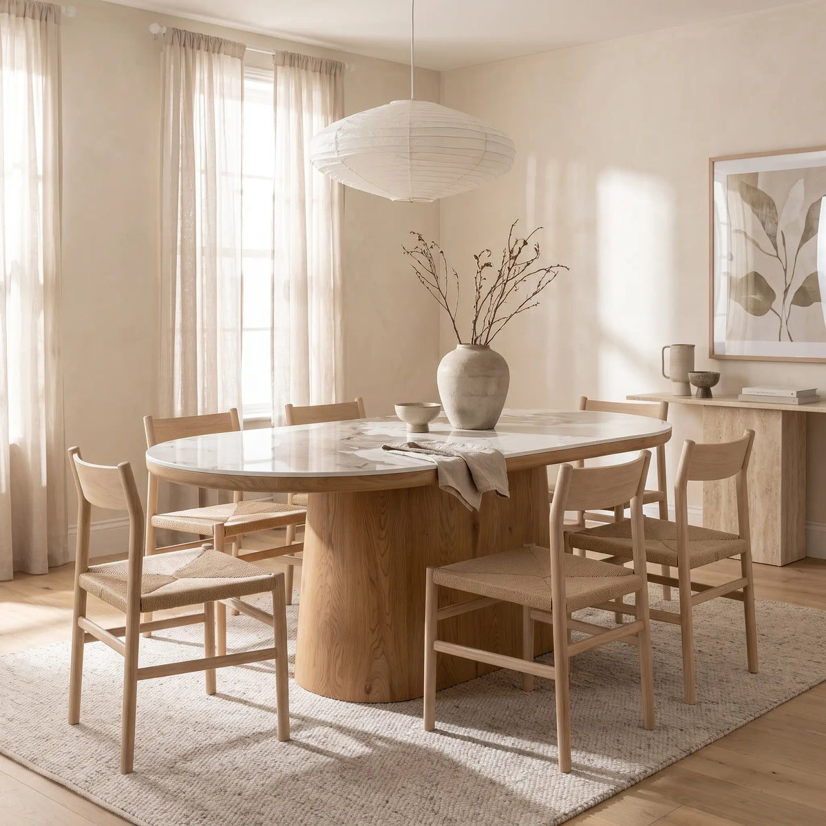 Table à manger ovale Japandi 10 personnes effet marbre blanc et chêne 200 x 100 cm - Lumea